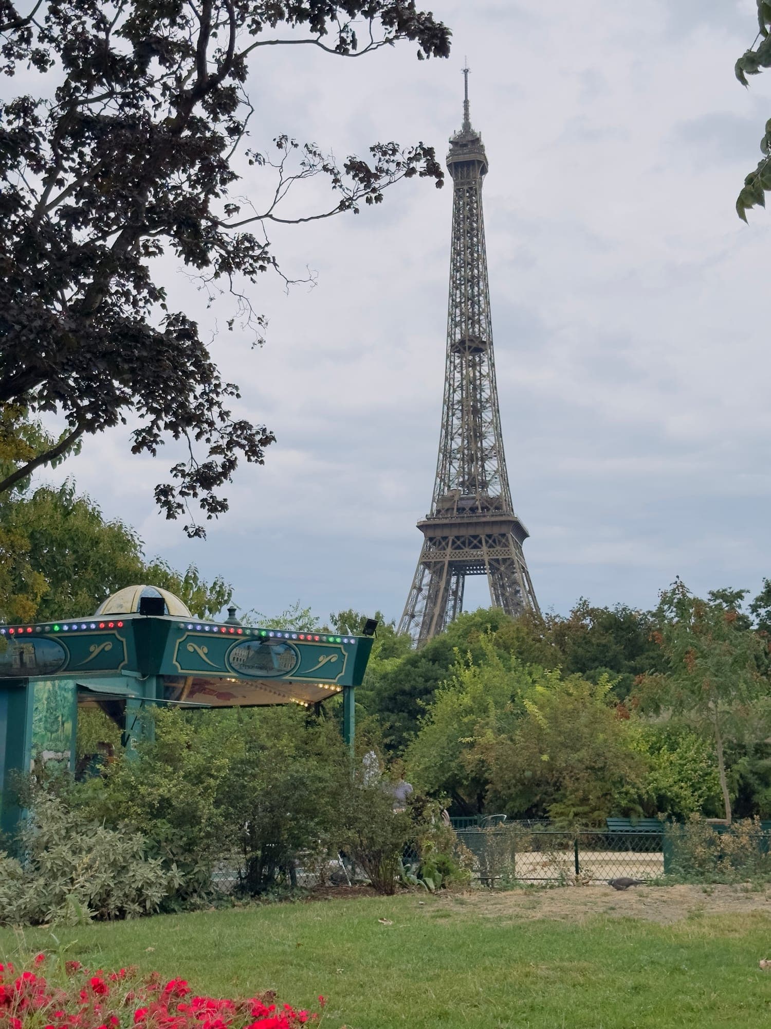 The Eiffel Tower seen through the trees, photographed by MEOCY Studio